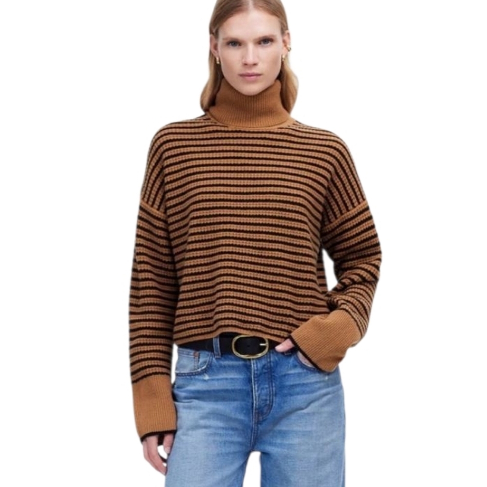 MADEWELL Merino Wool Waffle Knit Turtleneck Sweater In Camel & Black Stripe M
